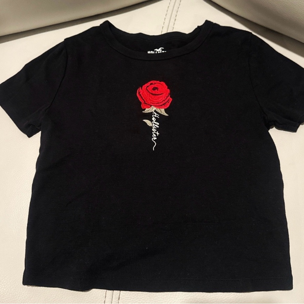 Hollister Black Tee with Red Rose Design